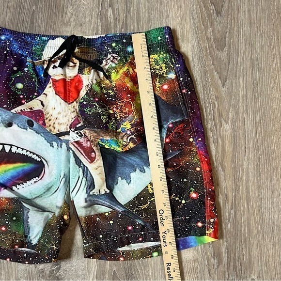Cowboy Cat Riding Rainbow Shark Double Sided Swim Trunks Elastic Waistband Men M - Picture 3 of 8